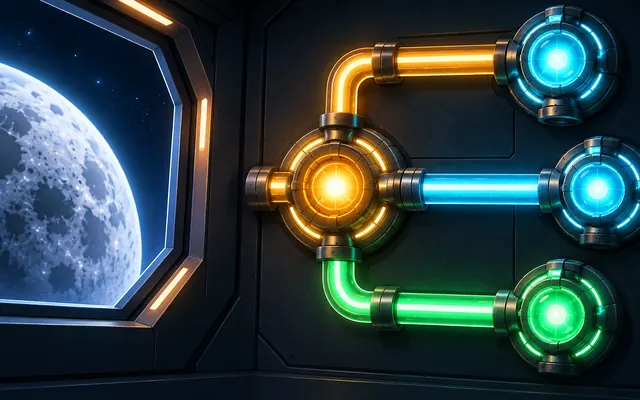 A clear lunar relay puzzle with three large glowing energy routes beside a window overlooking the Moon.
