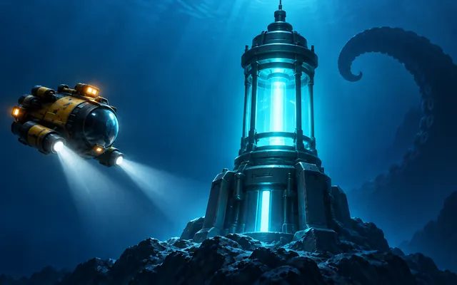 A compact yellow submersible approaches a luminous cyan beacon as one enormous tentacle emerges from the deep ocean.