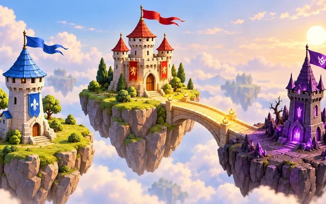 Three distinctive medieval towers occupy separate floating territories connected by one glowing stone bridge.