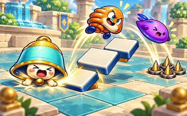 A turquoise bell-shaped hero flips courtyard tiles to launch two colorful enemies toward a golden spike trap.