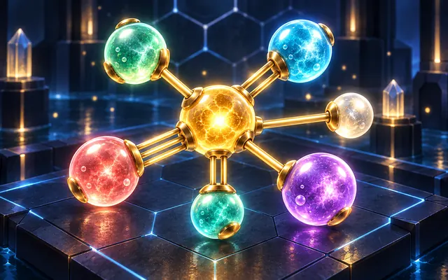 The Molecular game mark with connected colored atoms on a dark scientific puzzle background.