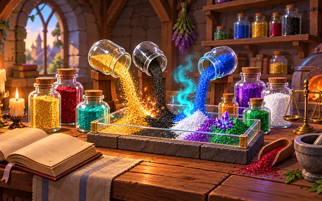 Colorful powder jars pour into a reaction tray inside a warm medieval alchemical laboratory.