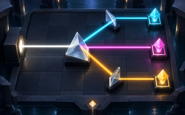 A white beam splits through a glass prism into three colored paths leading across a dark optical puzzle board.