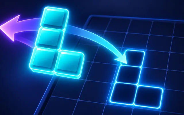 A large cyan L-shaped block follows a reverse arc toward an identical glowing socket on a dark puzzle grid.