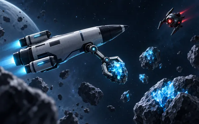 A rocket-shaped salvage craft gathers glowing crystal ore while a hostile drone approaches through a dark asteroid field.
