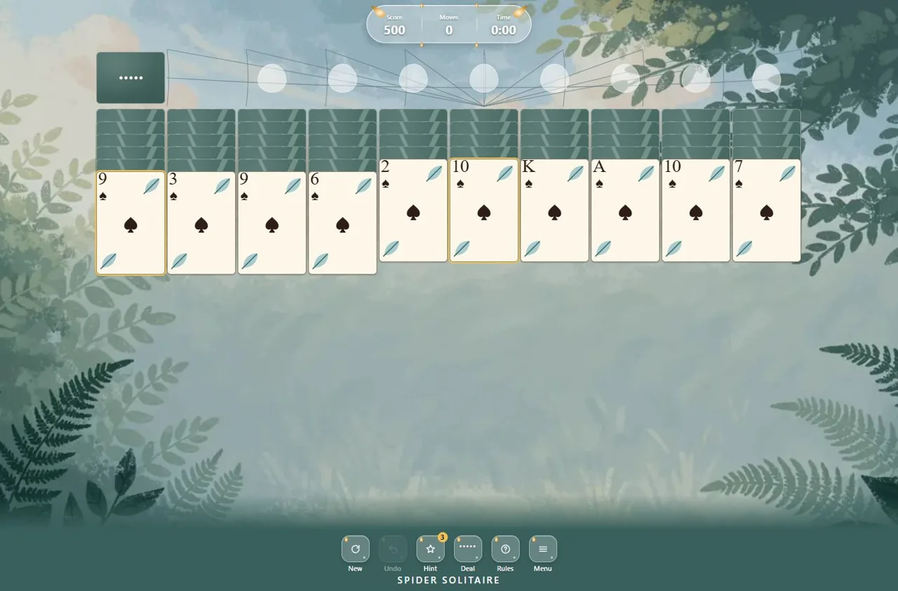Actual Spider Solitaire browser gameplay, before the checked example